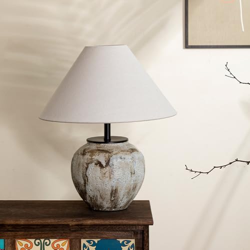 Image of SANBDDLYY Mid Century Ceramic Table Lamp - Stylish Distressed White Nightstand for Living Room, Bedroom, and Office(White)