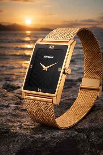 Image of Men's Rose Gold Rectangular Analog Watch | Black Textured Dial | Stainless Steel Mesh Bracelet | Premium Quartz Watch for Men