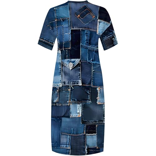 Image of SUZONANA Plus Size Denim Print Shirt Maxi Dresses for Curvy Women Casual Blue Jean Summer Outfits Long Short Sleeve Dress with Pockets Patchwork 4XL