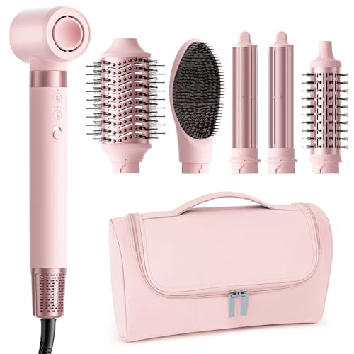 MESCOMB 6 in 1 Hot Air Styler Wrap, Professional Hair Styler with Thermal Round Brush for Blowouts, Fast Drying for Blow Dry, Curling, Volumizing, Straightening, Salon Results in Minutes (Light Pink)