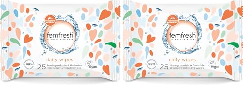 Femfresh Intimate Wipes - Flushable & Biodegradable Disposable Feminine Hygiene Vaginal Cloths w. Calendula & Aloe Vera Extracts - Soothing pH Balanced Hypoallergenic 25 Count (Pack of 2)