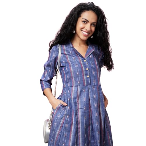Image of Globus Women Green Casual Striped Lapel Shirt Collar 3 /4th Sleeve A-Line Kurta-3639791001