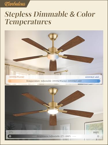 Image of Fanbulous 52 Inch Black and Gold Ceiling Fans with Lights and Remote, Stepless Color Temperature Change & Dimmable 20W LED Ceiling Fan, 6 Speeds Reversible Quiet DC Motor for Bedroom, Living Room