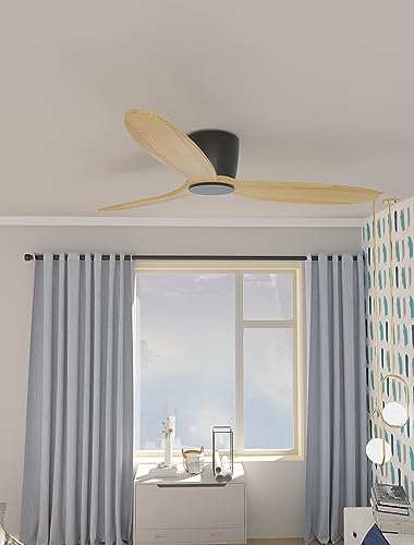 Flush Mount Ceiling Fan no light with Remote, 52 inch Low Profile Wood Ceiling Fan no light, Modern Ceiling Fan without light for Outdoor, Bedroom, Natural Wood and matte Black, DC Motor, 6 Speed thumbnail 8