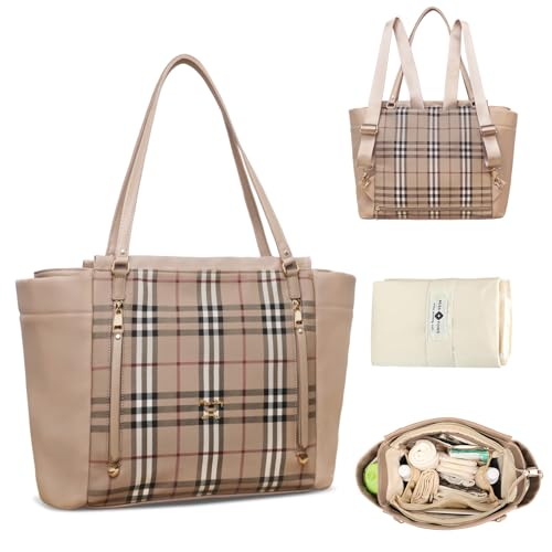 Image of miss fong Checkered Diaper Bag Tote - Leather Diaper Bag Backpack, Large Capacity Mommy Bag Hospital Bag, 12 Pockets Travel Diaper Tote with Changing Pad for Mom Plaid Tote Bag for Women-light brown
