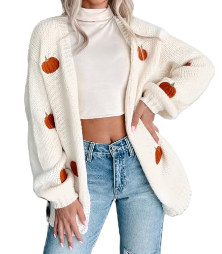 Womens Cardigans Sweatshirts Longsleeve Cute Pumpkin Knitted Sweater Top Halloween Outfits (White M)