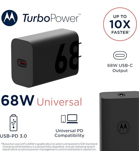 Image of 68W Turbopower Motorola Charger Adapter with Type C to C 100 Cm Cable Compatible with Moto Edge 50 /40 /30 Series Support Model /Fusion|Pro|Ultra|Neo|Razr 50 Ultra, Razr 40, and Other Moto Device, Black