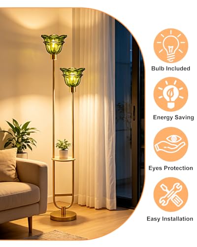 Image of Glass Floor Lamp with Shelf 2-Lights Gold Floor Lamp with Green Glass Shade, Mid Century Modern Standing Tall Lamps with Foot Switch for Living Room Bedroom Home Decor (Bulbs Included)