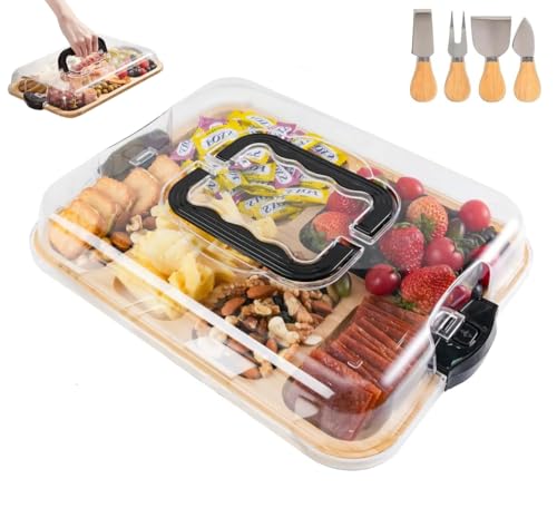 ERNAN Käsebrett mit Deckel für Partys Reisen, Servierplatte mit Fächern Griff für Snacks Fleisch Dessert, Käsebrett aus mit Messer Set, Charcuterie Board Platte Käseplatte (6 Grid)