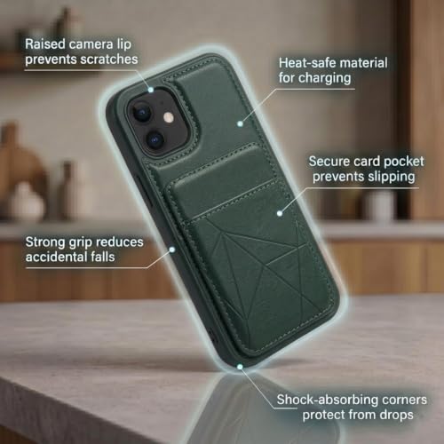 Image of amazon basics Premium Vegan Leather Back Cover with Card Holder and Integrated Mobile Stand for iPhone 11 - Slim Shockproof Wallet Case with Geometric Stitching [Green]
