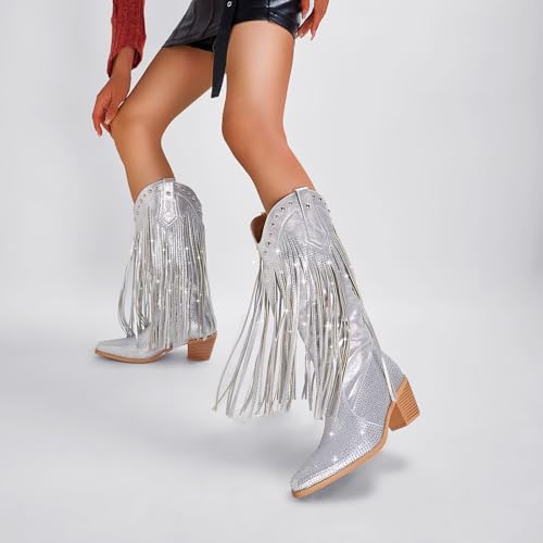 AIJIVOU Women's Rhinestone Fringe Cowgirl Boots, Sparkly Western Cowboy Boots Pointed Toe Knee Block Chunky Middle Heel Pull On Mid Calf Boots for Women Girl Party4