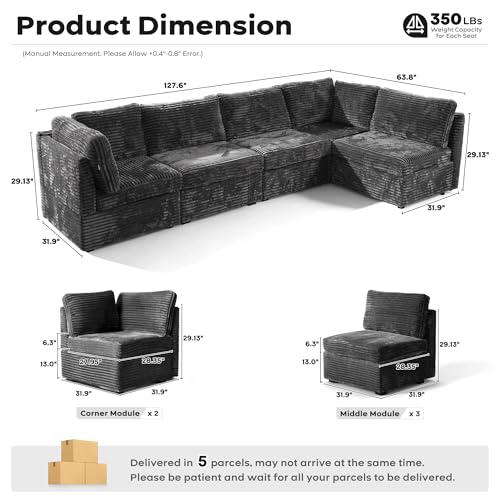 Image of ovios Modular Sectional Sofa Couch with U-Shape Chaise Oversized, Comfy Plush Corduroy Cloud Couches, Modern Luxury Deep Seat Sofas Set for Living Room, 5-Seater, Grey