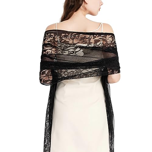 Ladiery Women's Floral Lace Shawl with Tassels, Soft Mesh Fringe Wraps for Wedding Evening Party Dresses