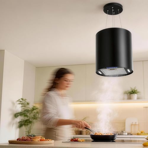 FIREGAS Insel-Dunstabzugshaube, freihängend, 650 m³/h, Abluft/Umluft, 3 Stufen, Aktivkohlefilter, moderne Deckenmontage,Schwarz