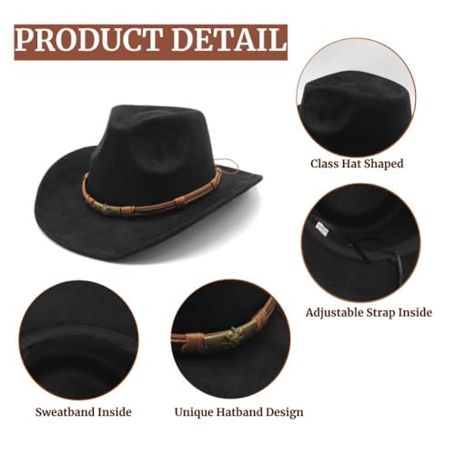 Lidhay BLACK Cowboy Hat For Women And Men Western Suede Hat Panama Hat Cowboy & Cowgirl Hat Felt Wide Brim Women Men Fedora Hats 192 Black thumb #2