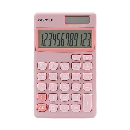 GENIE 212 P Taschenrechner 12-stellig, Dual-Power Solar & Batterie, kompakter Calculator im Retro-Design, Prozent- & Wurzelrechnung, Tischrechner für Schule, Büro, Homeoffice & Alltag, pink