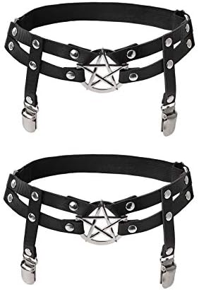 alisikee 2pcs Adjustable Star-Shaped Leg Garter with Anti-Slip Clips, Elastic Gothic Thigh Ring Garter for Women, Black