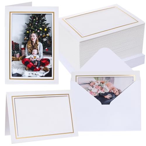 Litpoetic 50 Count Photo Frame Cards with Envelopes 4x6 Paper Picture Frame Notecards Photo Card Holder for Christmas Greeting New Year Birthday Wedding Classroom DIY Craft - White with Gold Lining