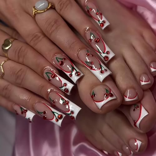 48Pcs Square Press on Nails Long & Press on Toenails Set, White French Tip Press on Nails with Cherry Design Nails Short Press on Toe Nails Full Cover Stick on Nails for Women