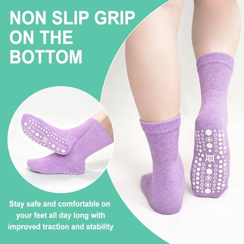 Image of CaiDieNu Non Slip Socks for Women: Non Skid Grip Socks for Elderly Hospital | Non Binding Grippy Crew Slipper Socks for Pregnant & Daily Wear, Wide Grippers Prevent Falls, Great Gifts for Seniors 5 Pairs