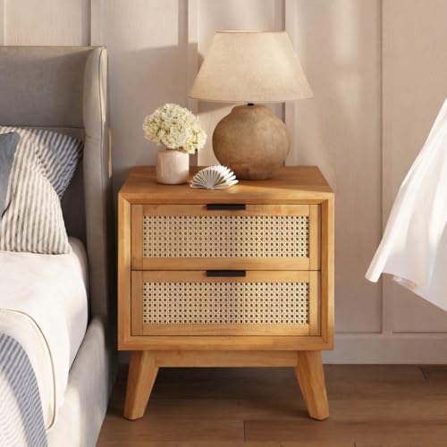 Image of Solid Wood Bedside Table with Cane Rattan Drawer Design | Modern Wooden Nightstand with 2 Storage Drawers for Bedroom & Living Room | Natural Finish