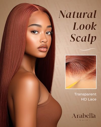 Image of Arabella Reddish Brown 5x6 HD Lace Wear and Go Glueless Wigs Human Hair Pre Plucked Pre Cut Auburn Stragiht Color Lace Front Wigs Human Hair 12A 230% Density Bleached Tiny Knots 26 inch