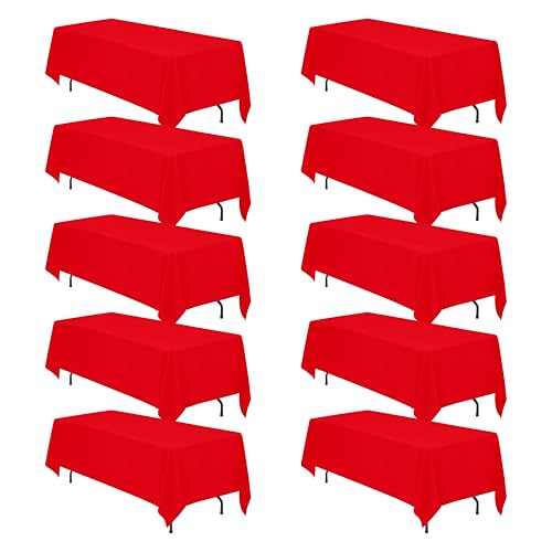 Image of BRILLMAX 10 Pack Red Tablecloths 70 x 120 Inch for 6ft & 8ft Rectangle Tables - 150 GSM Polyester Fabric, Universal Fit, Water, Stain & Wrinkle Resistant Cloth Cover for Wedding Reception Banquet