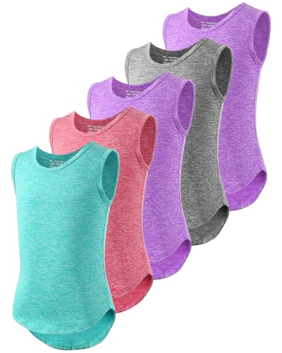Mexholin 5 Pack Girls Tank Tops Sports Summer Breathable Round Neck Vest Girls Sleeveless Tops for Athletic Running Workout Purple/Bl/Pur/H Pink/Green XL