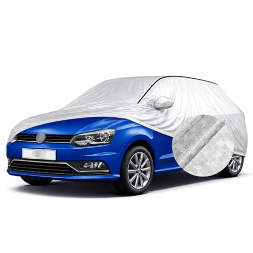 Image of SEAZEN Waterproof Car Cover for Volkswagen Ameo | Dustproof, UV & Scratch Resistant Soft Cotton Lining | Triple Stitched, Mirror Pockets & Elastic Hem | Metallic Silver with Black Piping
