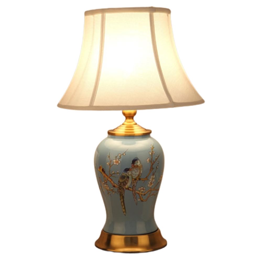 SGKOMN 21.2" Chinoiserie Ceramic Table Lamp Traditional Bedside Desk Nightstand Lamp With Flower And Bird Pattern For Bedroom Living Room Office College Bookcase-B