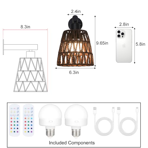 Image of Boho Battery Operated Wall Sconce Set of 2, Brown Rattan Rechargeable Wall Lights with Dimmable Bulbs and Remote,15 Colors Wireless Wall Lamps for Bedroom Living Room Hallway Decor