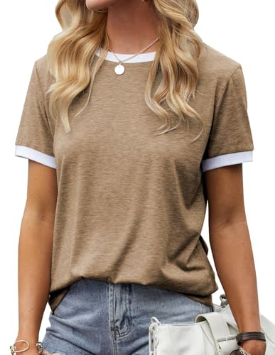 Fisoew Damen T Shirt Kurzarm Farbe Block Rundhals Basic Sommer Top