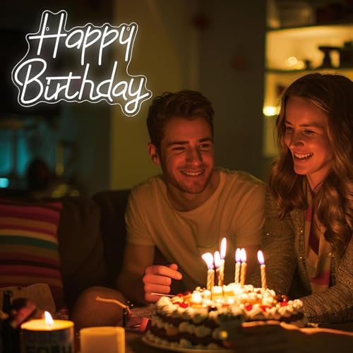 Happy Birthday Neon Signs for Party Decor Dimmable LED Birthday Neon Light for Wall Decor Light Up Happy Birthday Led Signs for Backdrop Birthday Any Ages Bday Celebration Decoration, White