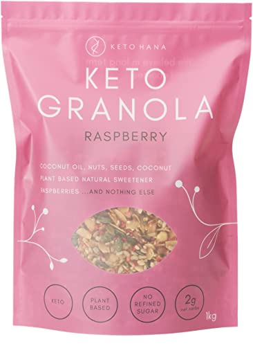 Keto Hana Raspberry Keto Granola Keto Diet Vegan Grain Free Dairy Free Plant Based No Refined Sugars Gluten Free 2g Net Carbs Breakfast Cereal - Bulk Family Pack 1kg/2.2lbs