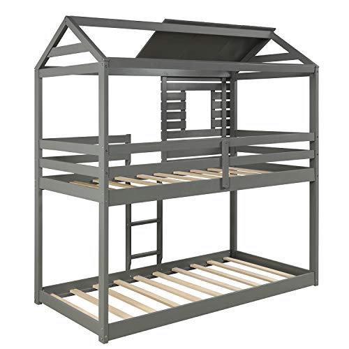 House Bunk beds,Twin Over Twin Bunk Beds with Roof and Guard Rail Ladder for Kids,Toddlers,Wood Loft Bed,No Box Spring Needed (Gray)