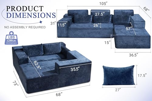 Image of HABUTWAY 105 inch L-Shape Modular Sectional Sofa Couch for Living Room,No Assembly Required,Modular Comfy Sofa with Deep Seat for Living Room Bedroom,Luxury Distressed Velvet(Right,Blue)