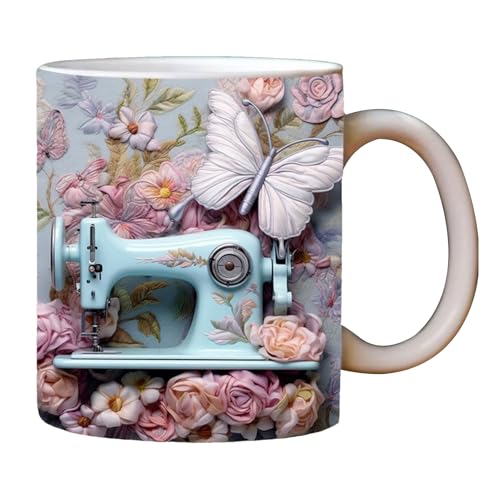 Genikeer Tasse Peinte À Coudre - Tasse À Café En Céramique Avec Motif De Co-u-tu-re Floral Plat | Tasses Créatives Décor Drôle De Salle Cadeaux Pour Les Amateurs De Co-u-tu-re
