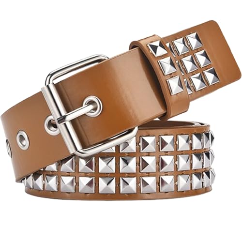 Studded Belts For Men Women Punk Rock Belts Rivet Belt Metal Pyramid Stud Belt PU Leather Belt Gothic Waist Belt Khaki
