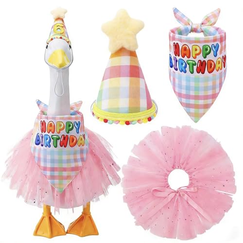 Hoemwarm 4 Pcs Birthday Porch Goose Outfit for 23 /17 Lawn Geese Include Tulle Skirt Hat Bandana Stickers Goose Clothes Set for Outdoor Yard Decor Cement Geese(Pink)