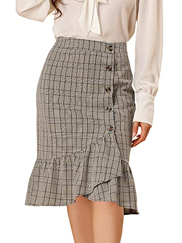 Allegra K Women's Plaid Asymmetric Fishtail Button Work Office Ruffle Pencil Skirt