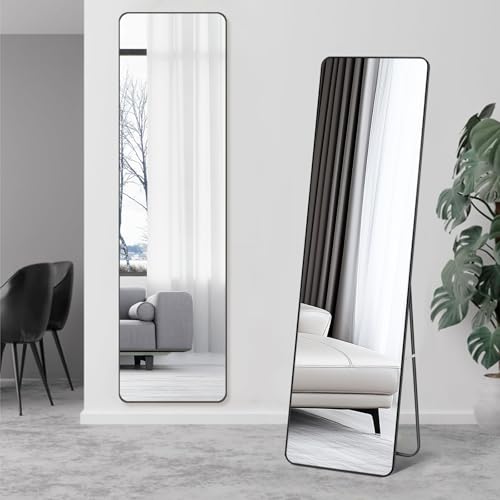 SKY-TOUCH Full Length Mirror 151x42cm Floor Mirrors with Aluminum Alloy Frame Free-Standing Leaning Large Bedroom Dressing Mirror Full Body Mirror with Stand for Living Room Bedroom Black