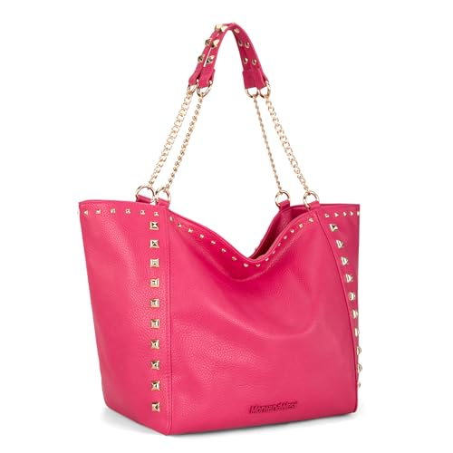 Montana West Oversized Tote Bag for Women Shoulder Travel Purse Hobo Bag with Chain Handle and Rivets Decoration Dragonfruit Purse Hot Pink MWC-2751HPK