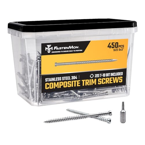 FM FastenMon Composite Trim Screws, #8 x 3” Stainless Steel 304, 450pcs, Hidden Fastener for PVC & Wood, Outdoor Deck, & Exterior, Rust-Resistant, T-10 Star Drive, 4lbs