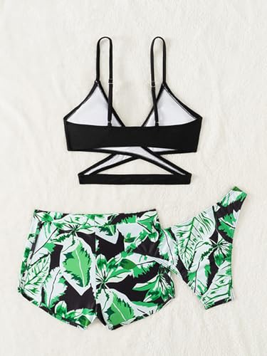 Image of Girl's 3 Piece Set Tropical Plants Print Criss Cross Bikini Sets Bathing Suit Green 10-11Y