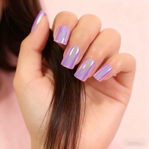 Elevenail Press on Nails Glossy Magic Color Chameleon Pink Purple False Nails Medium Short Squoval Reusable Fake Nails Full Cover Salon Wearable Fingernails Tips For Daily Party Women Girls Nail Art