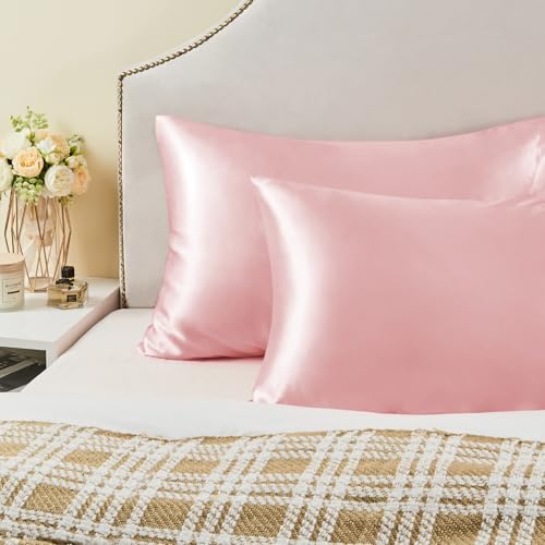 BEDELITE Satin Pillowcase with Zipper, Pink King Size Pillow Cases Set of 2, Super Soft and Cooling Similar to Silk Pillow Cases, Gift for Women Men(20x36 Inches)