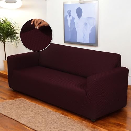 House of Quirk Universal Stretchable Jacquard Sofa Cover - Soft, Durable, and Wrinkle-Resistant Slipcover for Couch Protection (Four Seater, Wine)