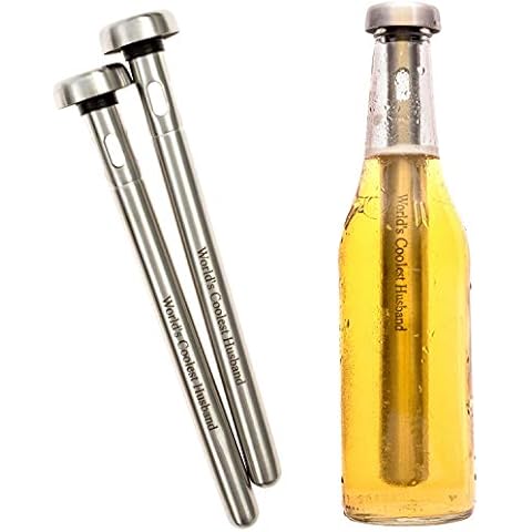 Brew House Chillers - Husbands Edition Beer Chillers - Gift Set includes 2 Stainless Steel Chilling Sticks Engraved with " Worlds Coolest Husband " Cover