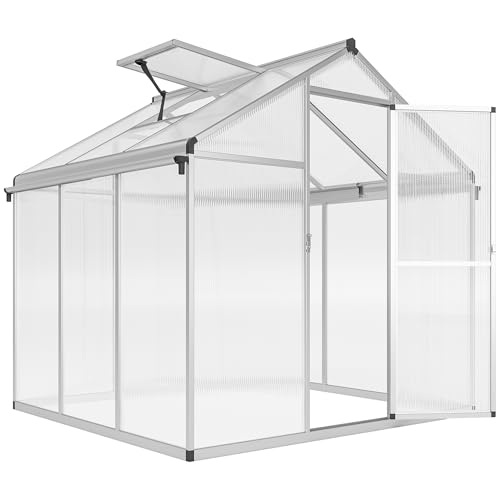 Outsunny 6 x 6ft Polycarbonate Greenhouse with Rain Gutters, Large Walk-In Green House with Door and Window, Garden Plants Grow House with Aluminium Frame and Foundation