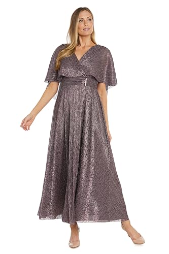 Image of R&M Richards Long Metallic Pleated Capelet Dress W /Mock Surplus Ruched Waist & Rhinestone Details